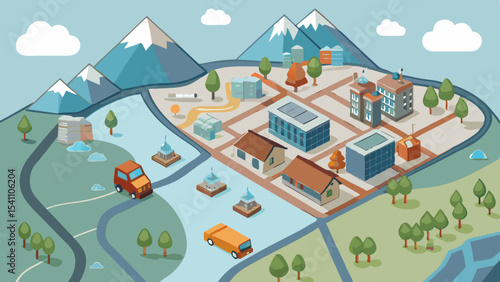 Isometric Schematic City Plan with Buildings Roads and Mountains on White Background urban