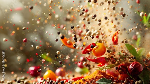 Burst of multicolored spices colliding in mid air forming a swirling nebula of flavor