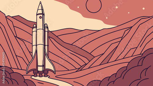 Rocket Booster on Mars Canyon at Twilight Engraved Style Illustration vector