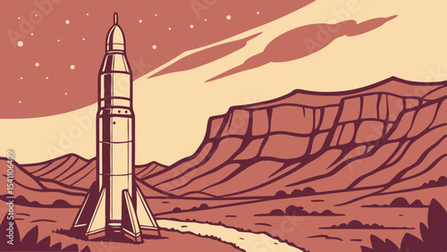 Rocket Booster on Mars Canyon at Twilight Engraved Style Illustration vector 1