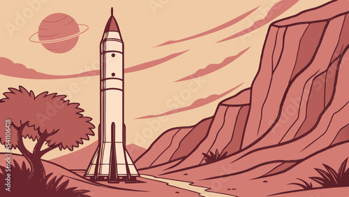 Rocket Booster on Marslike Planet Twilight Canyon Engraved Style Illustration space