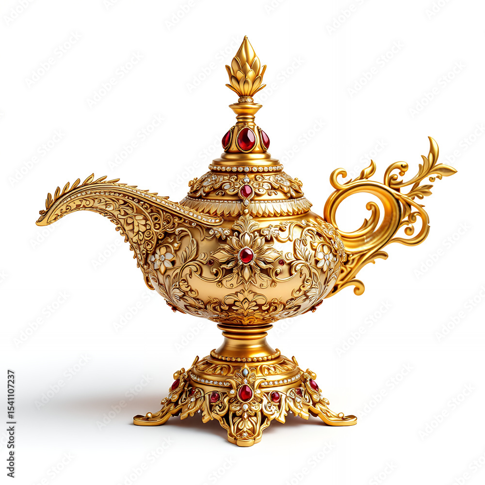Fototapeta premium Ornate Golden Aladdin's Lamp with Red Gemstones A Detailed Close-Up