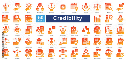 Credibility icon set contains 50 icons including, scrutiny, truthfulness, certainty, objectivity, attestation, reputation loss, best employee, reputation, simple vector glyph gradient style