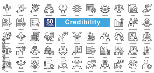 Credibility icon set contains 50 icons including, reputable, trustworthiness, legitimacy, dignity, assessment, authenticity, validity, quality, transparency, identified, simple vector outline style