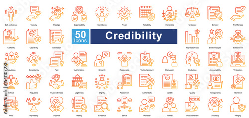 Credibility icon set contains 50 icons including, authoritative, sincerity, reasonable, verified account, discussion, deduction, accountability, vindication, ethical, simple vector line gradient style
