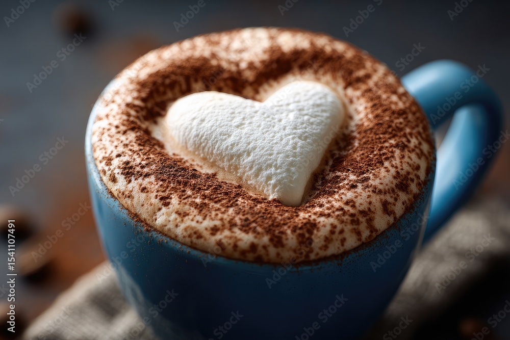 Fototapeta premium A heart-shaped marshmallow atop a frothy, cocoa-dusted coffee drink.