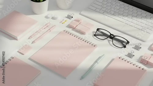 Pink stationery and office supplies on a white surface