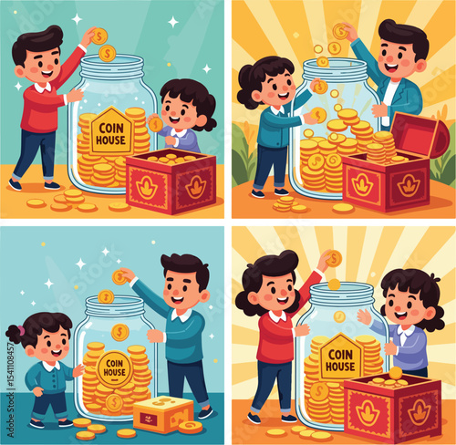 Kids Saving Money in Coin Jars and Treasure Chests Illustrations