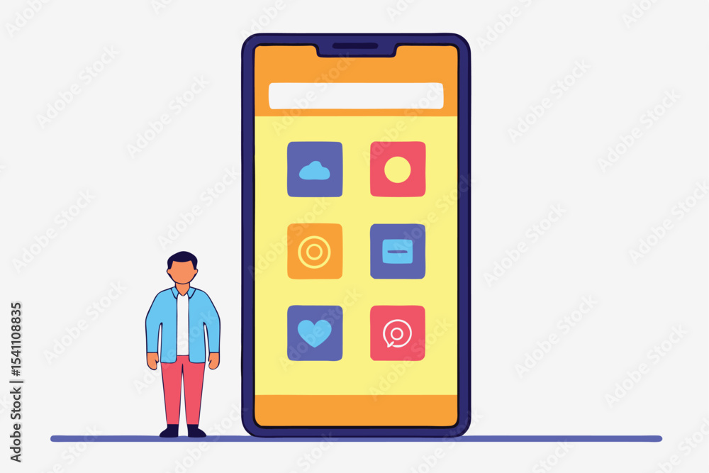Illustration of a man and a smartphone displaying app icons on white background Illustration of a man and a smartphone displaying app icons on white background