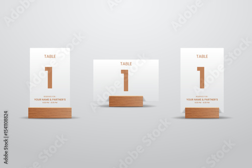 white Table Number 1 Card Mockup with Wooden Stand
