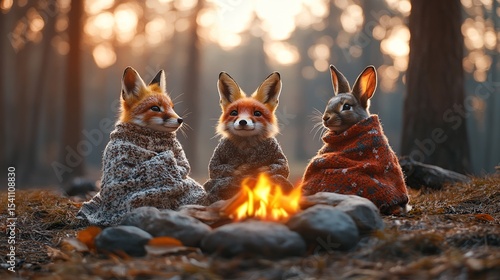 Forest friends huddled around a campfire