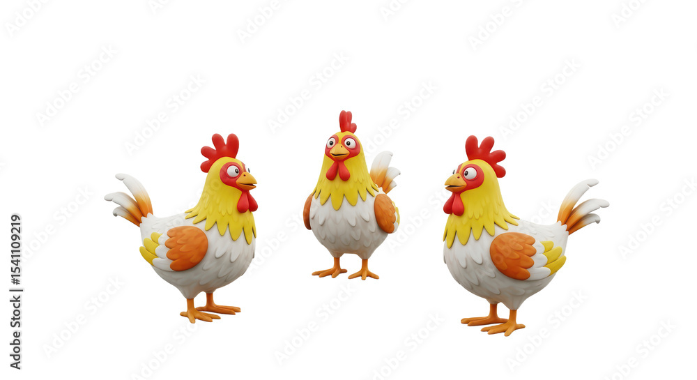 Three Cartoon Chicken Figurines with Bright Colors and Playful Expressions on White Background Three Cartoon Chicken Figurines with Bright Colors and Playful Expressions on White Background