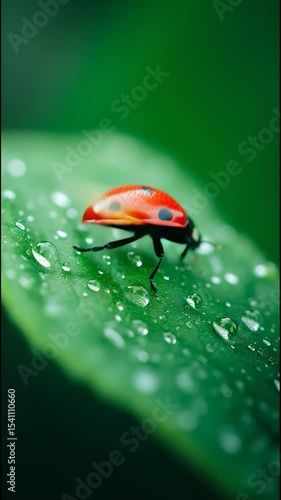 Crimson Jewel: Ladybug on a Dew-Kissed Leaf taking Flight