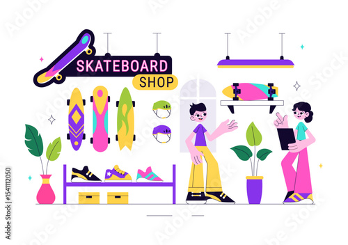 Skateboard Shop Vector Illustration Featuring a Shop That Sells Skateboards Equipment Such as Boards, Wheels, and Other Accessories Background