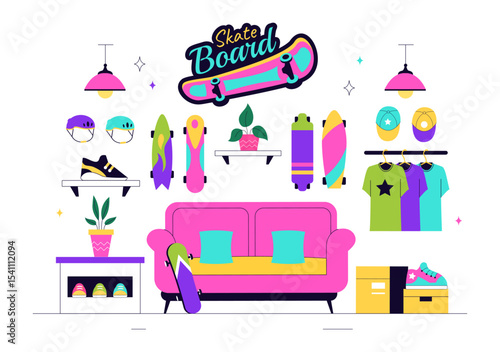 Skateboard Shop Vector Illustration Featuring a Shop That Sells Skateboards Equipment Such as Boards, Wheels, and Other Accessories Background