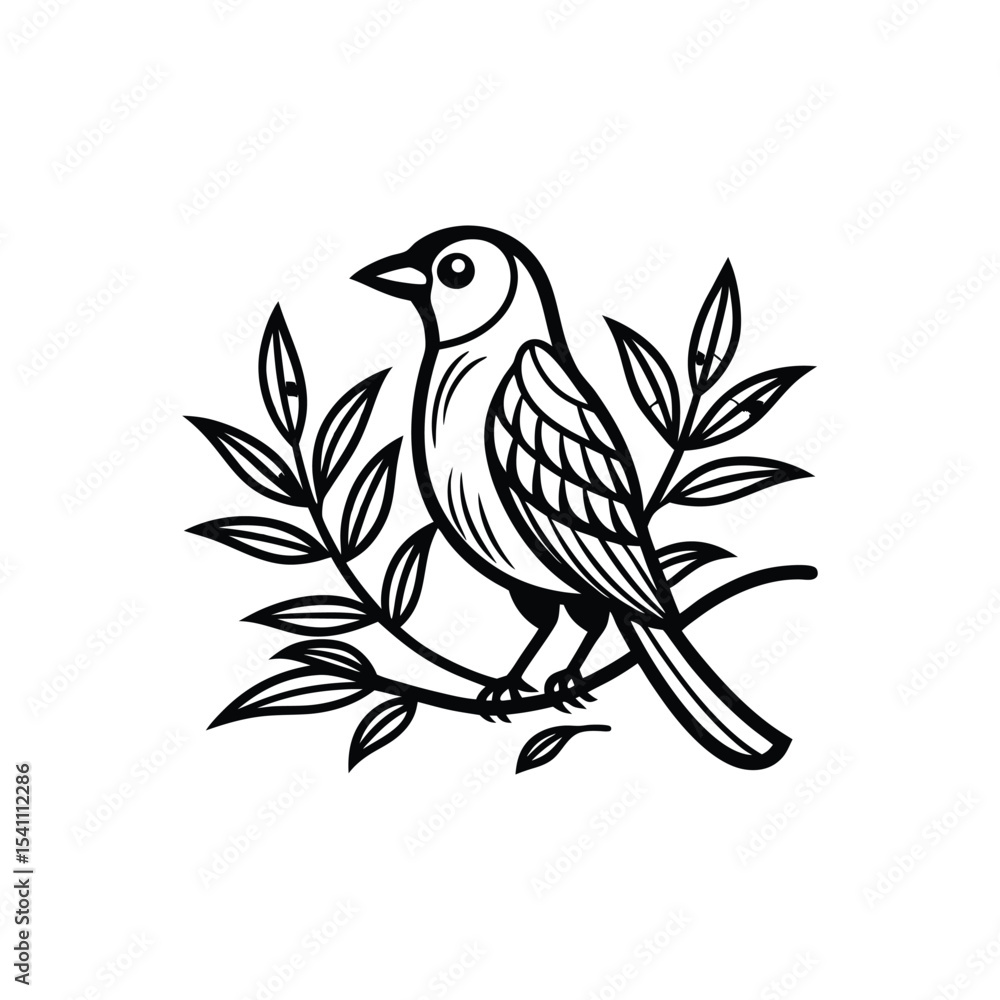 Bird Perched on Leafy Branch – Black Line Art Vector, bird line arte icon Bird Perched on Leafy Branch – Black Line Art Vector, bird line arte icon