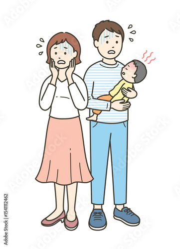 急な発熱をした子供を抱いて焦る若い父親と母親