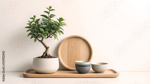 Wallpaper Mural Serene Minimalist Home Decor Bonsai Tree, Wooden Tray, and Ceramic Bowls Torontodigital.ca
