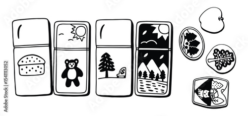 Black and white illustrations of various scenes depicted within stylized windows and nature elements.