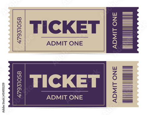 Ticket set in modern style. Vector illustration isolated. Entry template for cinema, festival, theater, concert and more
