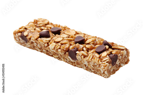 Delicious granola bar with chocolate chips isolated on black background