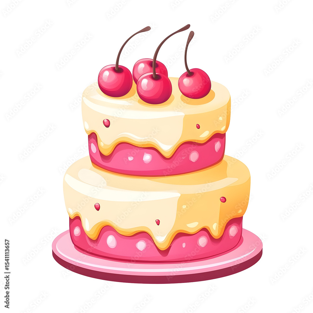 Delightful two-tiered cherry cake illustration against a contrasting black backdrop Delightful two-tiered cherry cake illustration against a contrasting black backdrop
