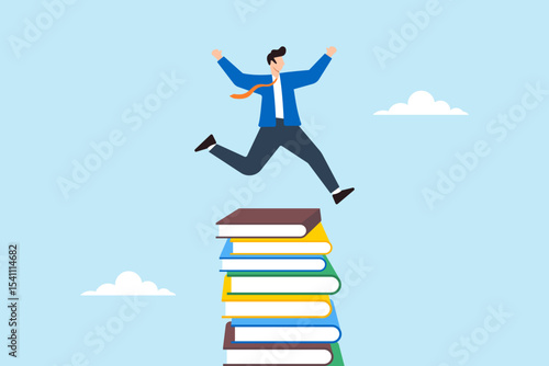 Flat illustration of businessman jumping over tall stack of books to represent knowledge challenge educational growth and learning journey