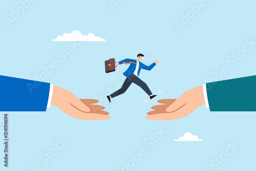 Flat illustration of businessman leaping between two giant hands to represent opportunity career transition and decision making with support