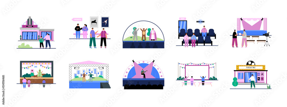 Fototapeta premium Theatre illustrations set. Activity in theatre concept. Flat vector illustrations.