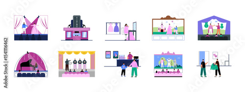 Theatre illustrations set. Activity in theatre concept. Flat vector illustrations.