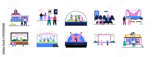 Theatre illustrations set. Activity in theatre concept. Flat vector illustrations.