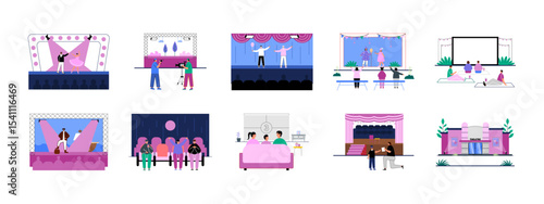 Theatre illustrations set. Activity in theatre concept. Flat vector illustrations.