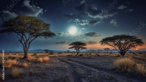 A captivating time-lapse journey from darkness to light over the picturesque African savanna.