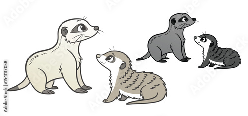 Cartoon illustration of four adorable meerkats posed and displaying different attitudes and expressions on a white background.