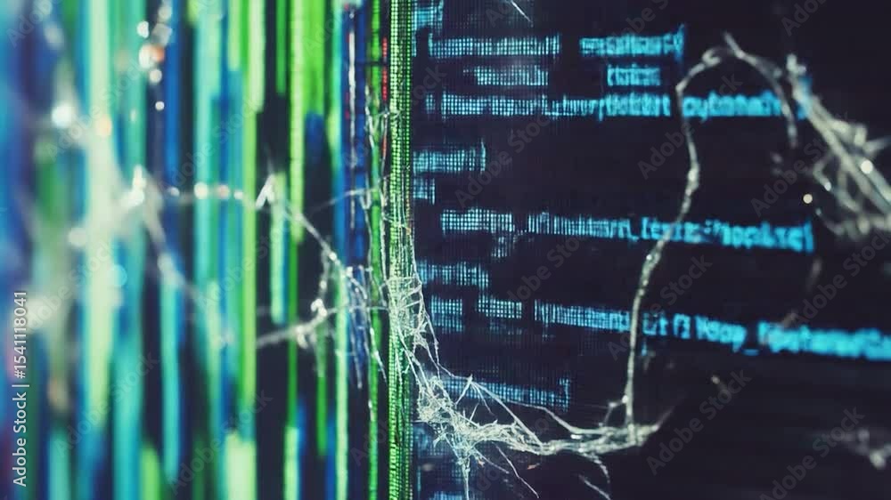 Cracked screen displaying scrolling code, glitching data, and digital ...