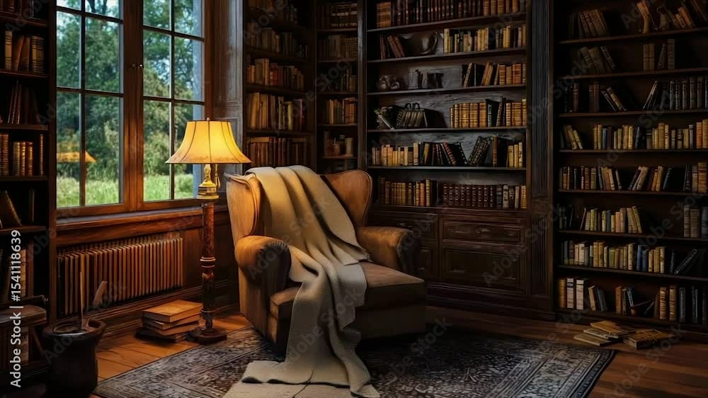 Cozy library with armchair, bookshelves, and window view Cozy library with armchair, bookshelves, and window view