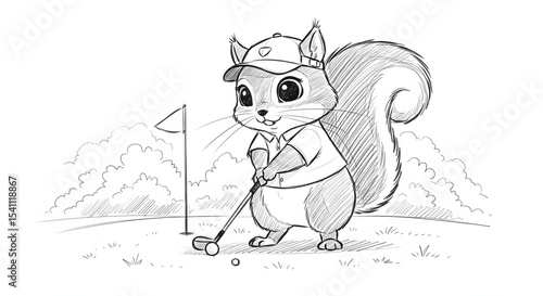 Cute Squirrel Wearing Golf Cap and Shirt Playing Mini Golf Outdoors