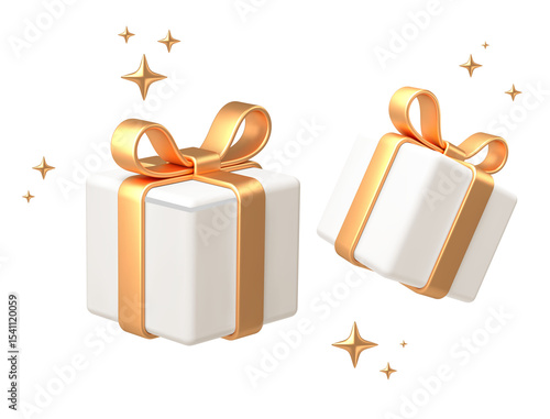 3D illustration of two white gift boxes wrapped with shiny golden ribbons, surrounded by sparkling stars on a clean white background. A luxurious and festive concept perfect for celebration