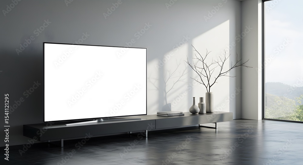Fototapeta premium Modern Living Room with Blank White TV Screen and Minimalist Interior Design