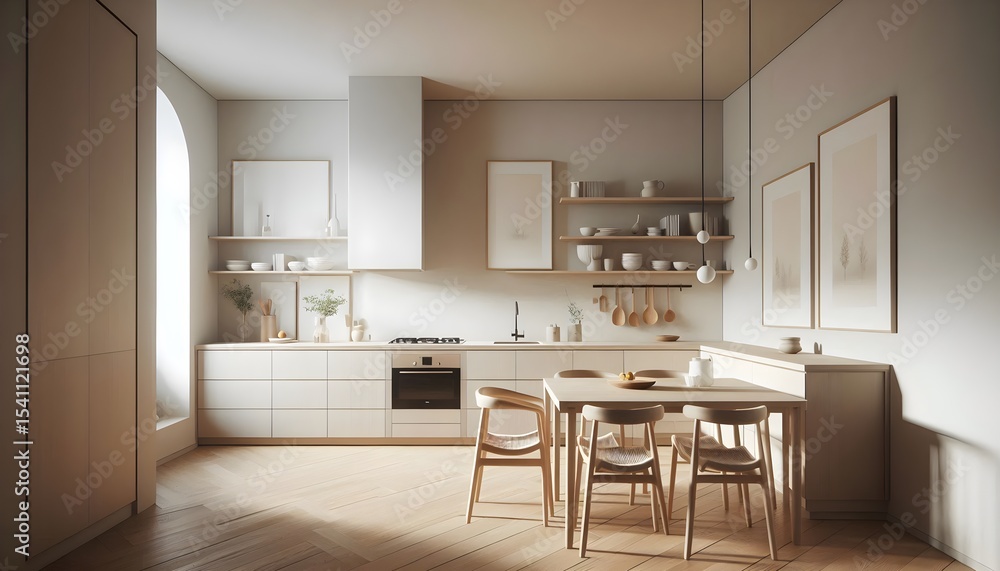 Elegant kitchen with modern simplicity, white walls and natural tones under gentle lighting in a peaceful setting Elegant kitchen with modern simplicity, white walls and natural tones under gentle lighting in a peaceful setting