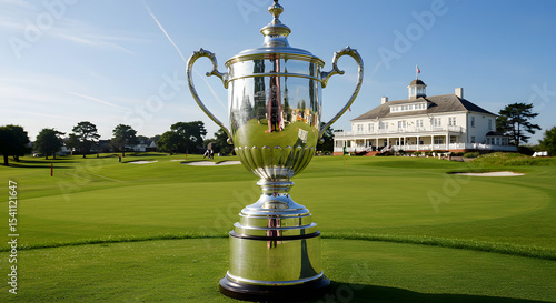 Silver Trophy Cup on Golf Course Near Large White Clubhouse with Green Lawn and Clear Blue Sky
