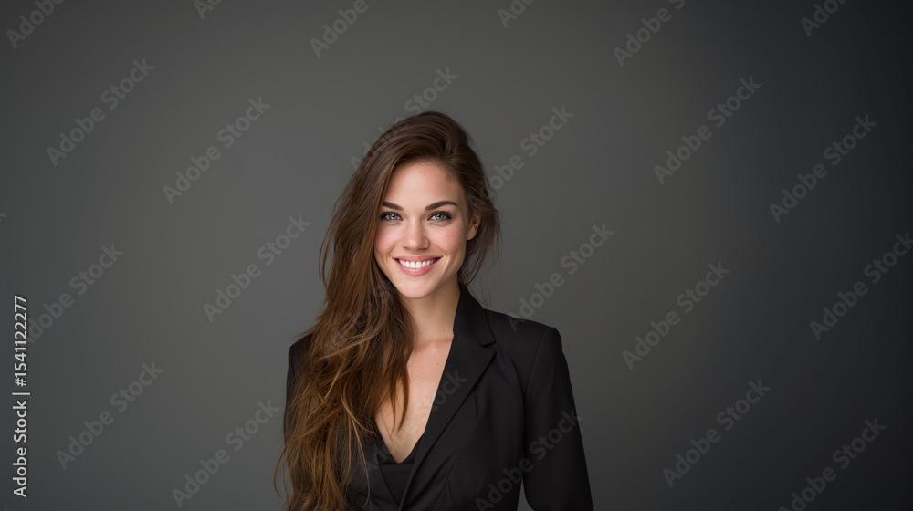 Obraz premium Happy young businesswoman smiling confidently in blazer, professional portrait. Success, ambition, and modern elegance in the workplace.