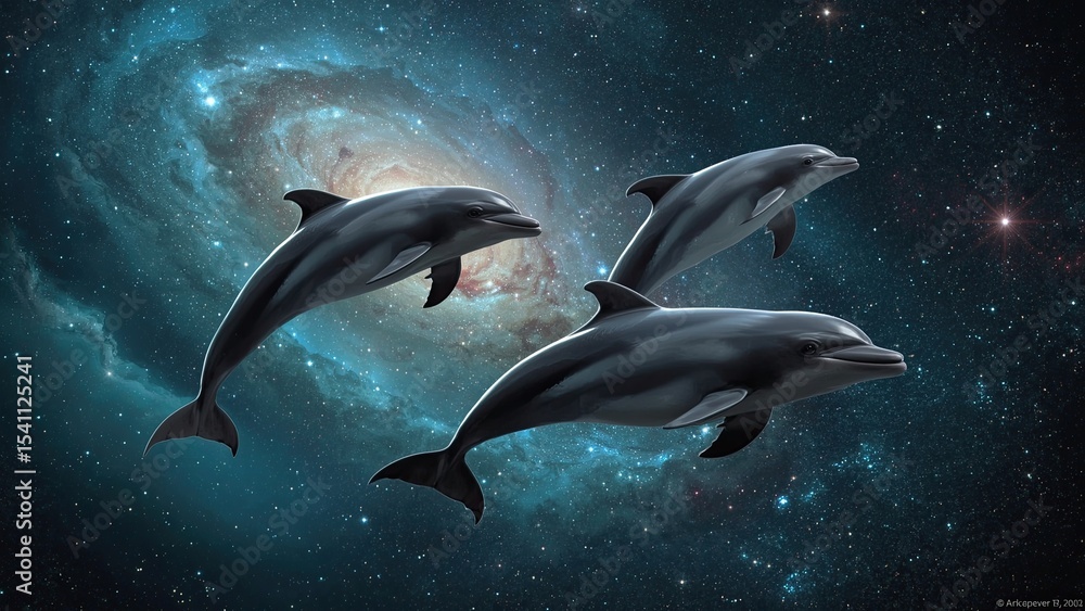 Obraz premium Real image of dolphins jumping through the galaxy. Dolphins and galaxy create a cosmic scene. Dolphins and galaxy blend in a real cosmic artwork. Cosmic adventure background.