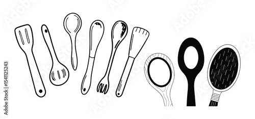 Collection of diverse kitchen utensils illustrated in simple black and white line art for cooking and baking.