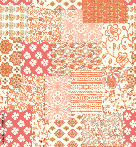 a patchwork pattern with orange and white flowers
