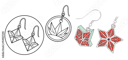 Collection of various decorative earring designs with distinct styles featuring geometric and floral shapes for fashion elements.
