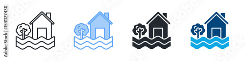 Flooding Icon Set Multiple Style. Design In Outline, Blue, Glyph, Dual Tone