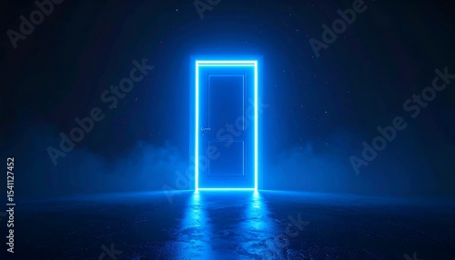 Glowing neon door in a dark atmosphere.