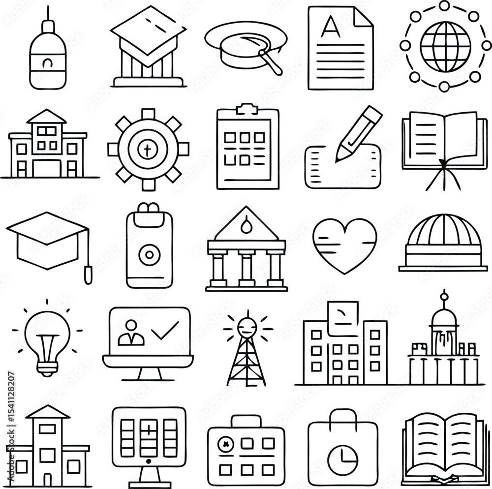 Fototapeta premium Education and University Line Icon Set – Academic Symbols for Schools, Graduation, Online Learning, and Study Tools