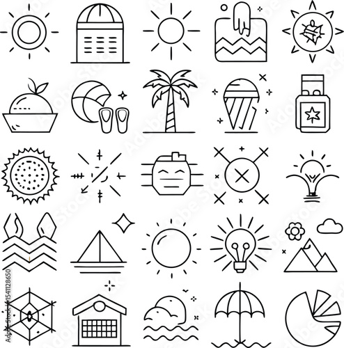 "Sun and Summer Vacation Line Icon Set – Minimalist Symbols of Sunshine, Beach, Pool, Travel, and Outdoor Fun"